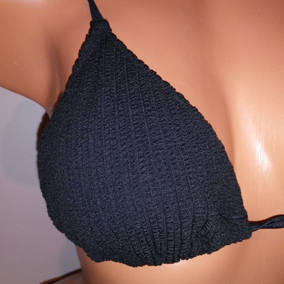 Victoria Secret PINK Swim Bikini Large Top & Bottom Black Ribbed Triangle String - Picture 6 of 11